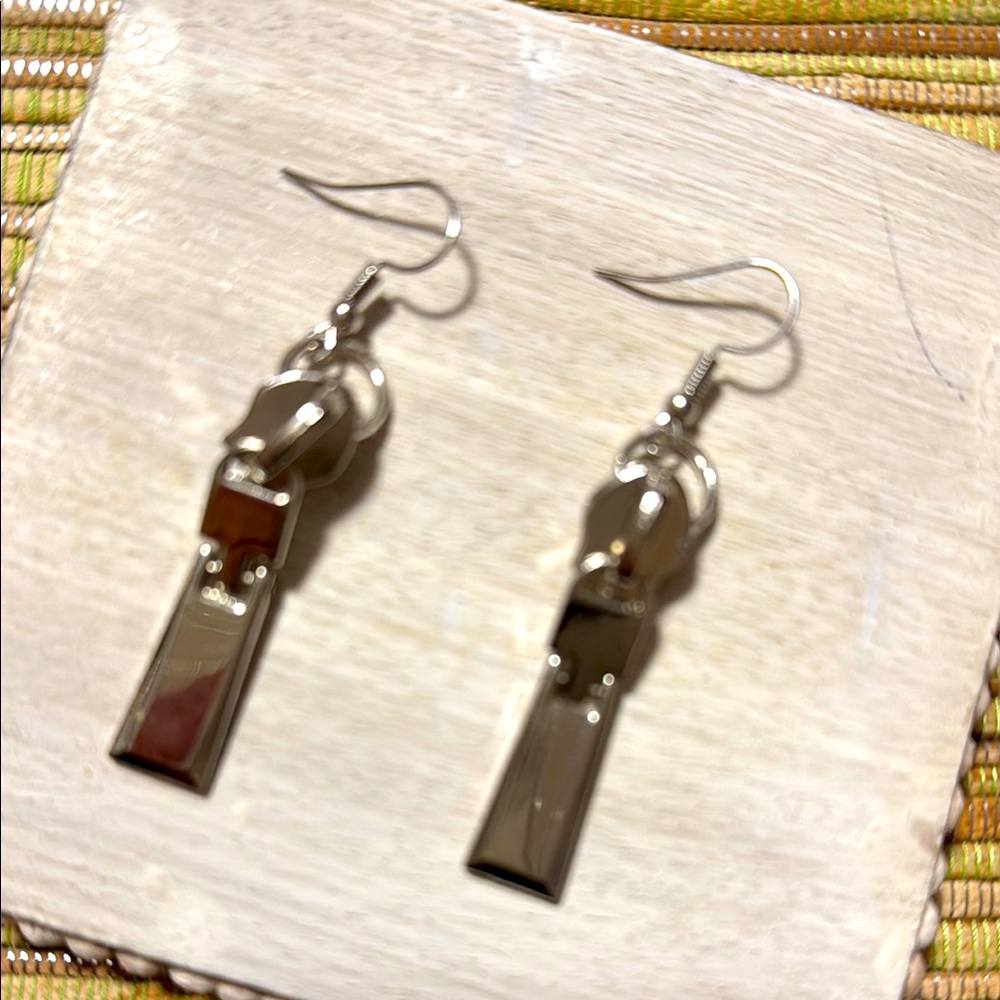 186.  Hand-Crafted Silver Dangle Earrings Repurposed from Zipper-Pulls